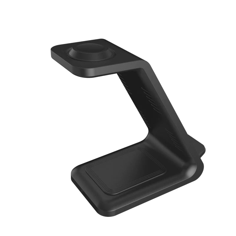 Black plastic headphone stand with modern Z-shaped design on white background