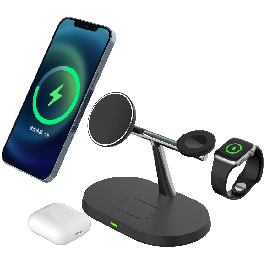 3-in-1 wireless charging station for smartphone, smartwatch, and earbuds