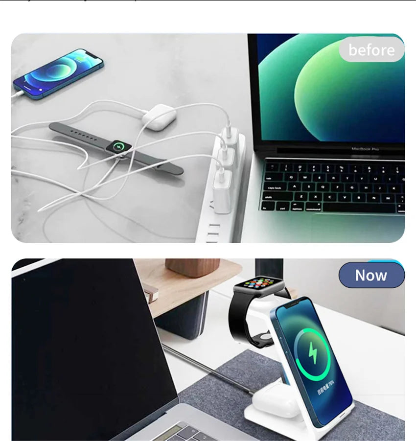 Before and after desk setup comparison, showcasing wireless charging station for phone, watch, AirPods beside laptop.