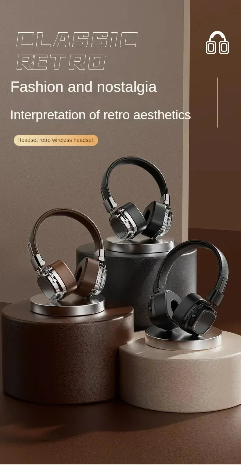 Classic retro wireless headsets in brown and black on round podiums, vintage style display
