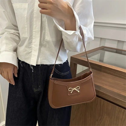 Stylish Shoulder Bag with Metal Bow Decoration, Versatile Underarm Bag, Classic Brown and Black Baguette Bag for Women Daily Use