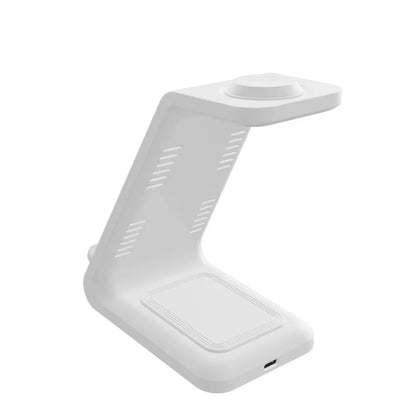 White wireless charging stand with USB-C port and ventilation slots, angled design
