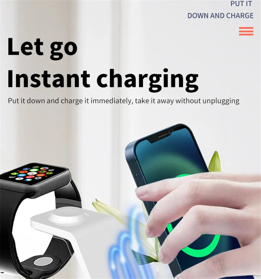 Wireless charger with smartwatch and smartphone, instant charging feature displayed