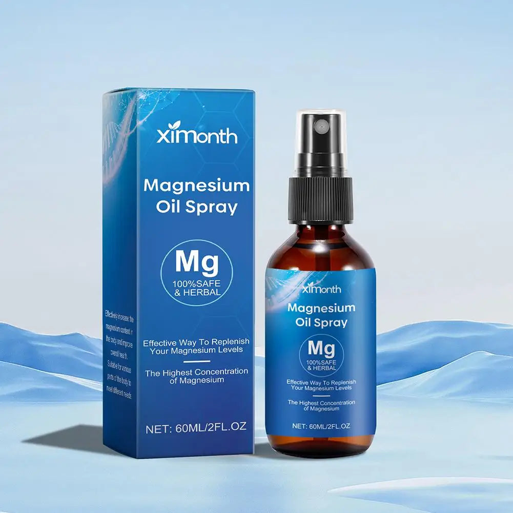 Ximonth magnesium oil spray bottle and box on blue background, 60ml herbal supplement