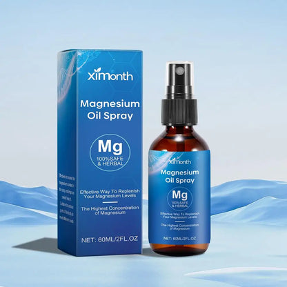 Ximonth magnesium oil spray bottle and box on blue background, 60ml herbal supplement