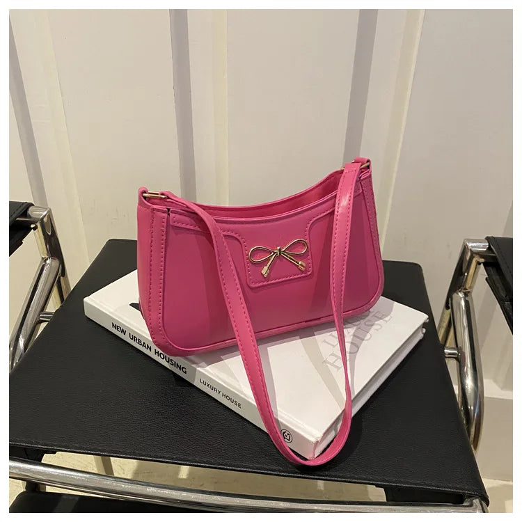 Stylish Shoulder Bag with Metal Bow Decoration, Versatile Underarm Bag, Classic Brown and Black Baguette Bag for Women Daily Use