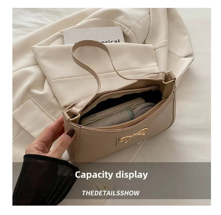 Stylish Shoulder Bag with Metal Bow Decoration, Versatile Underarm Bag, Classic Brown and Black Baguette Bag for Women Daily Use