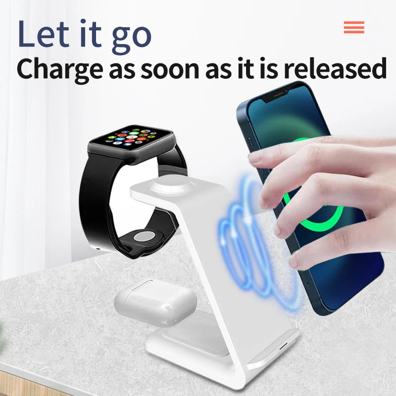 3-in-1 wireless charging station for smartphone, smartwatch, and earbuds on a desk