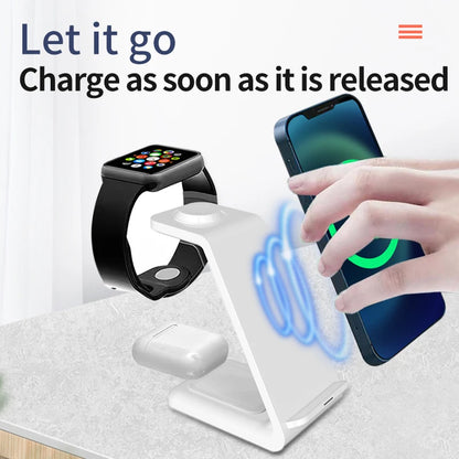 3-in-1 wireless charging station for smartphone, smartwatch, and earbuds on a desk