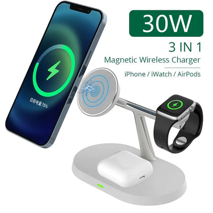 3 in 1 magnetic wireless charger for iPhone, Apple Watch, and AirPods, 30W white stand