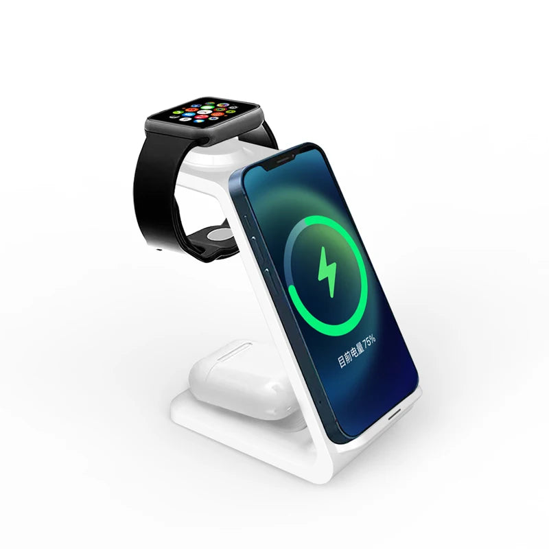 3-in-1 wireless charging station with smartphone, smartwatch, and earbuds on white base
