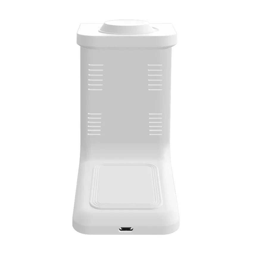 White wireless charging stand with USB-C port on a plain background