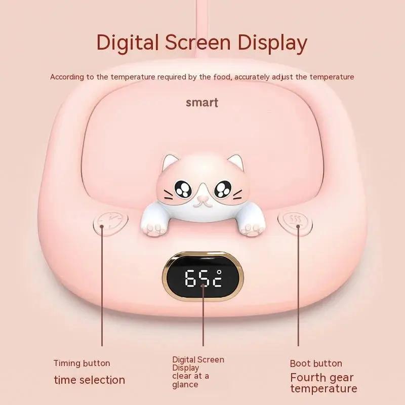 Cute cat-shaped home office constant temperature cup warming holder with digital screen display